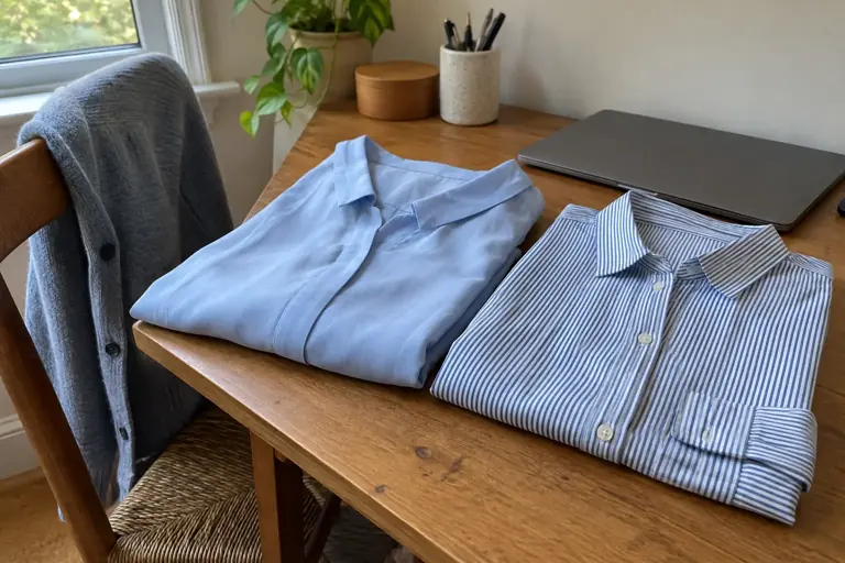 Une blouse unie et une chemise rayée sont préparées près d’un ordinateur fermé