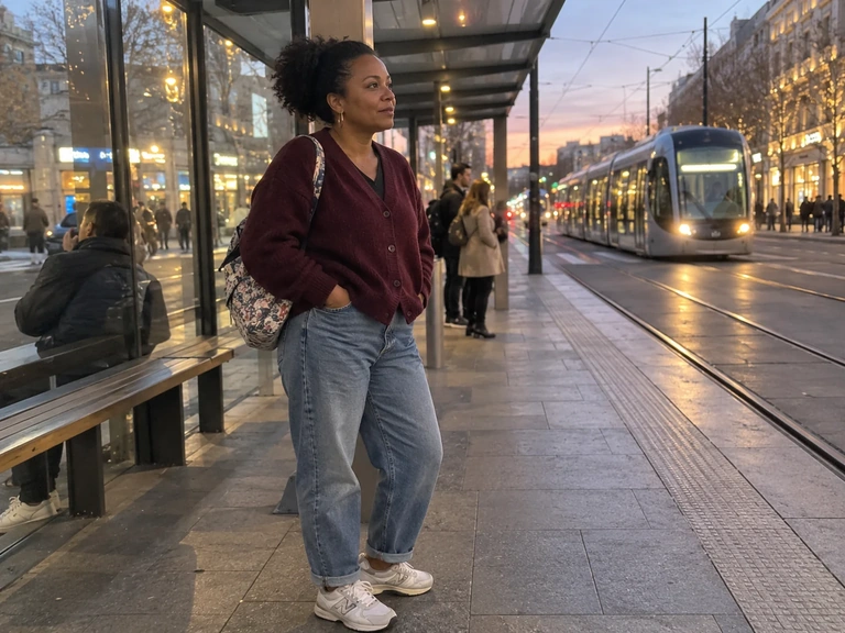 Une visiteuse attend le tram en fin de journée avec une couche supplémentaire