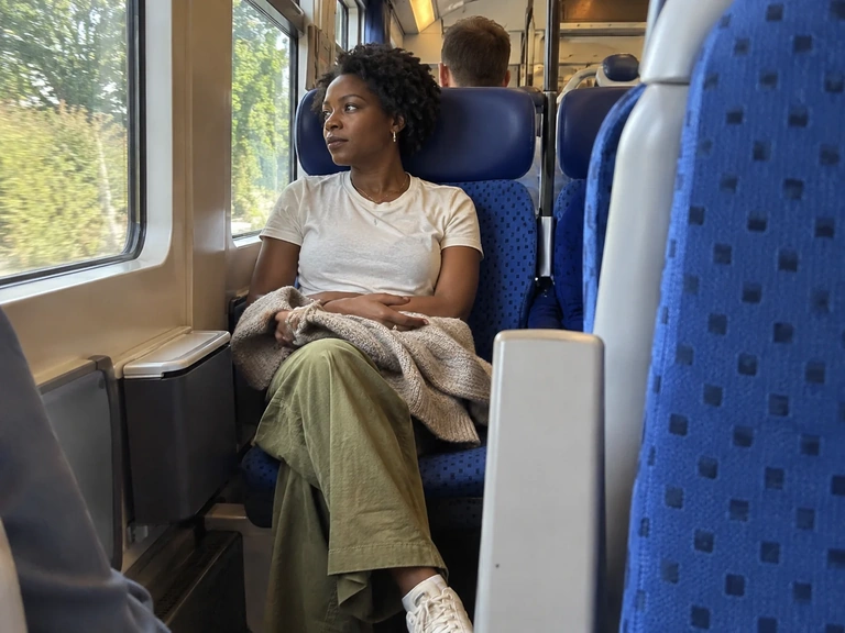 Une voyageuse est assise dans un train avec un cardigan sur les genoux