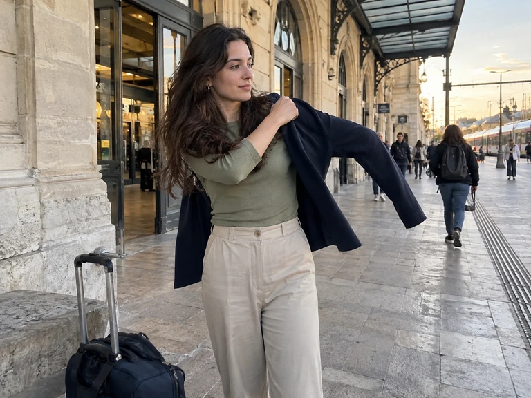 Une voyageuse remet sa veste devant une gare