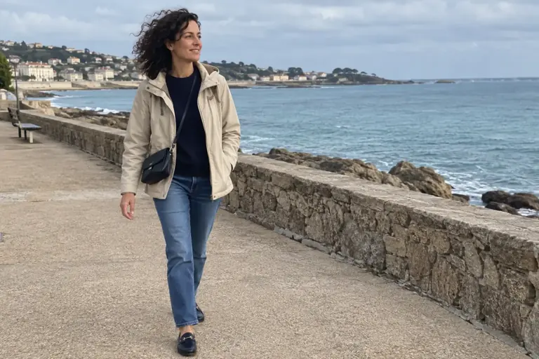 Une femme marche en veste claire et jean au bord de la mer