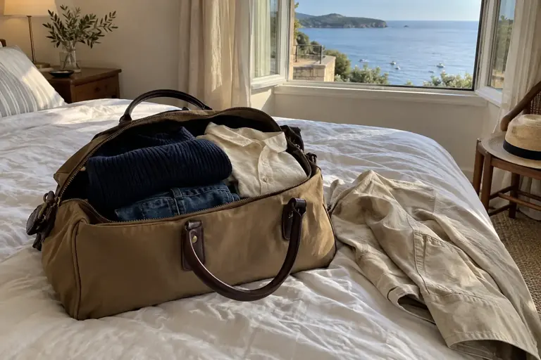 Un petit bagage contient des vêtements coordonnés près d’une fenêtre donnant sur la mer