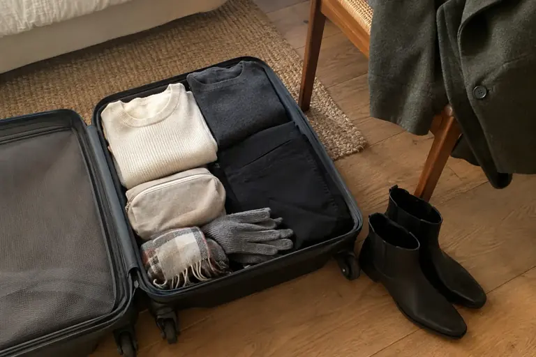 Une petite valise contient des couches d’hiver pliées, avec des bottines et un manteau à côté