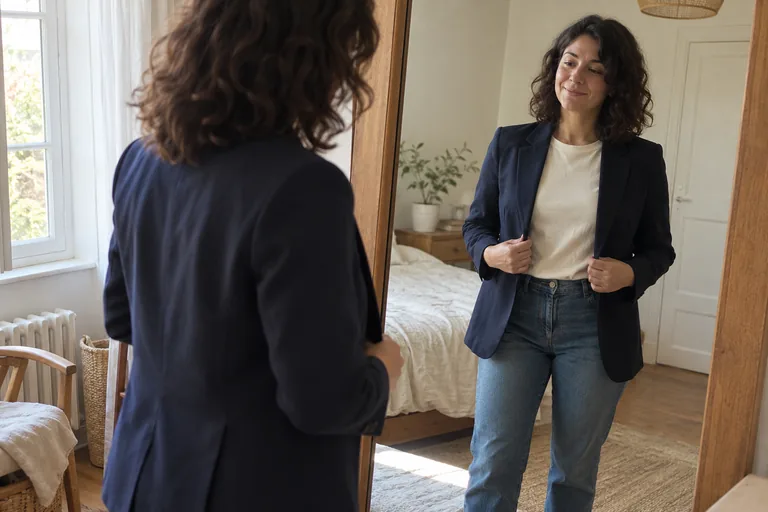 Una mujer se prueba un blazer azul marino abierto frente a un espejo en una habitación luminosa.