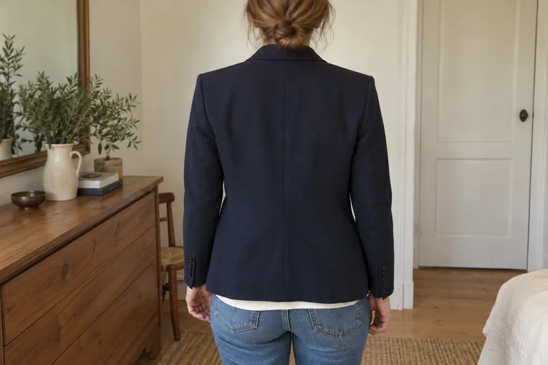 Vista posterior de un blazer azul marino sobre una prenda delgada, con los brazos relajados.