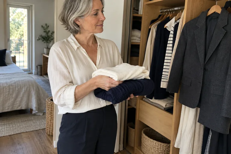 Una mujer de cabello gris compara una prenda clara delgada y una de punto azul marino junto a un armario.