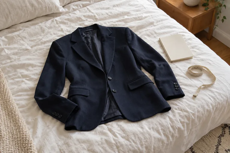 Un blazer azul marino está extendido junto a una libreta cerrada y una cinta flexible.