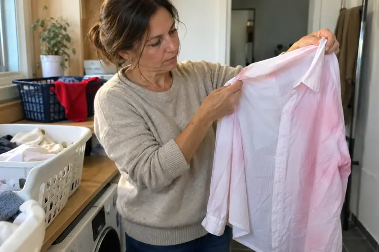 Une femme examine une chemise claire présentant un transfert rose
