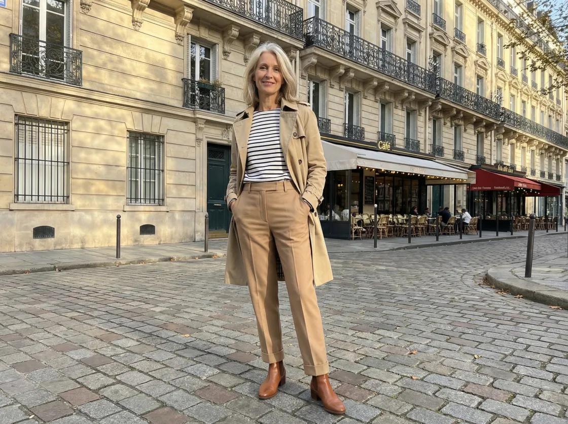 Un look composé d’un trench, d’une marinière et d’un pantalon beige, visualisé sur une femme.
