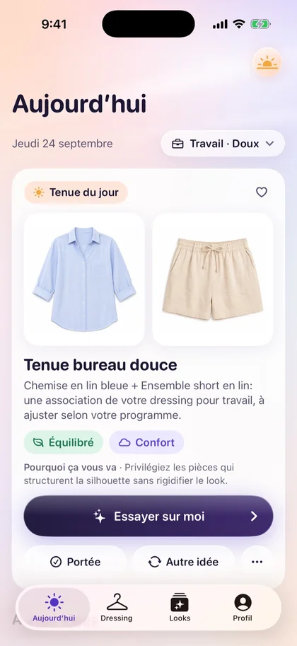 Écran Aujourd’hui de Vestly : tenue du jour, raison de l’association et bouton « Essayer sur moi ».