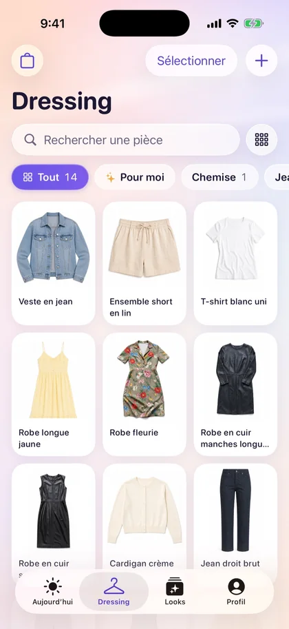 Dressing Vestly : vêtements détourés sur fond blanc et filtres par pièce.