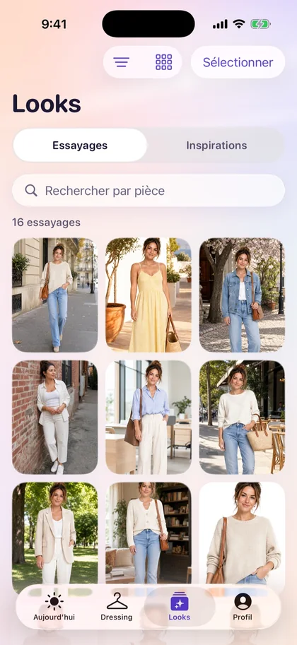 Écran Looks de Vestly : grille d’essayages virtuels.