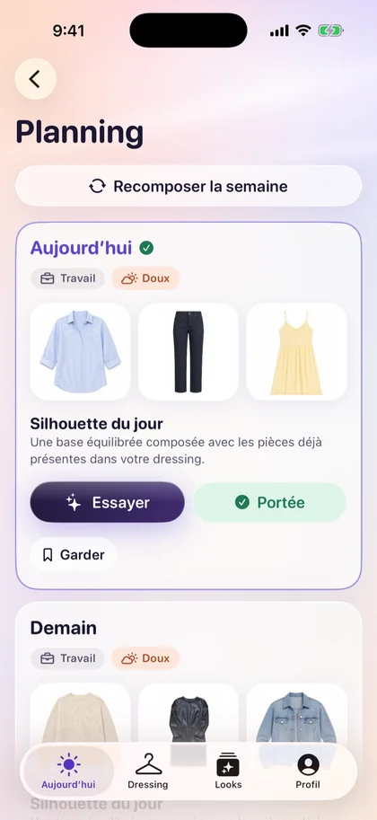 Planning Vestly : tenues du jour et du lendemain, boutons Essayer et Portée.