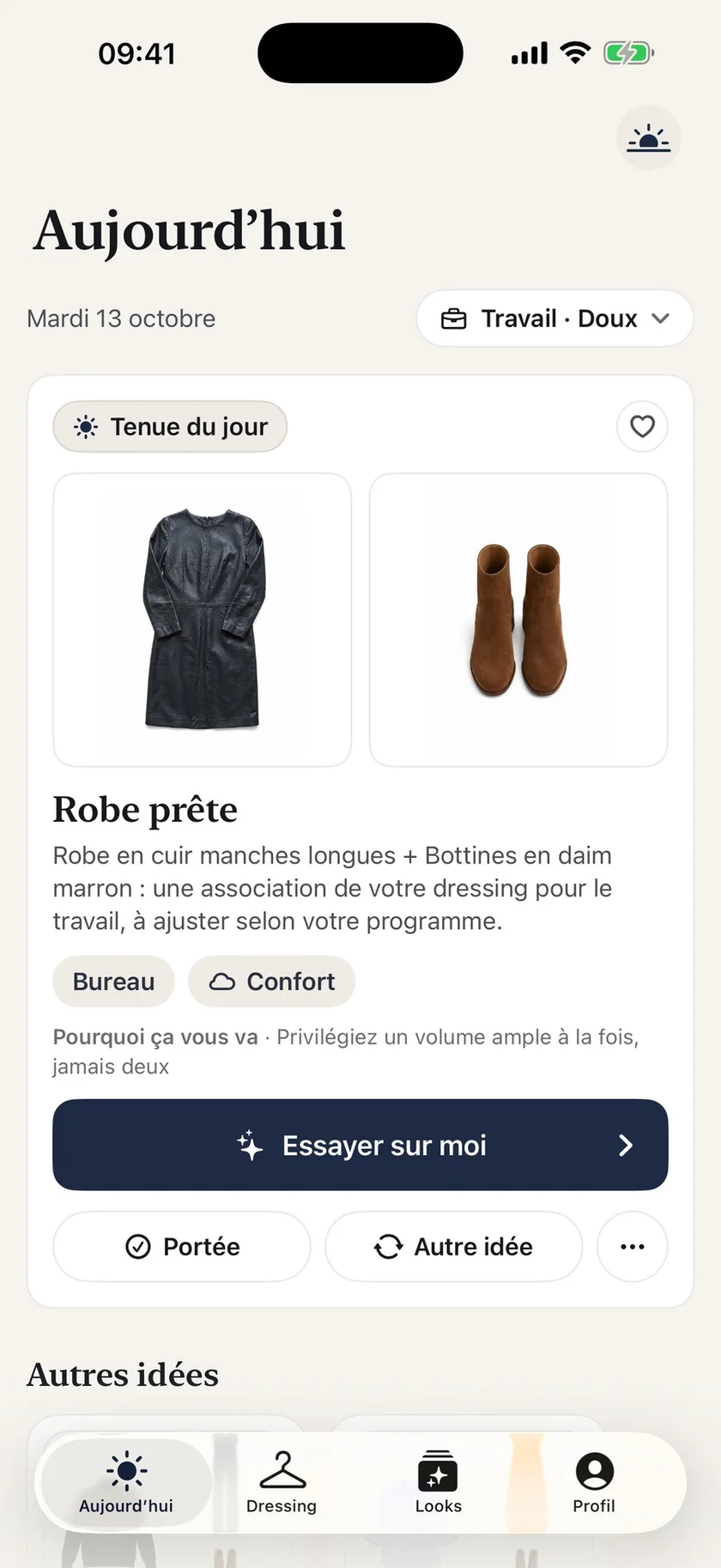 Écran réel Aujourd’hui : tenue du jour et bouton Essayer sur moi.