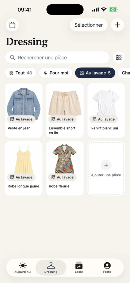 Dressing Vestly avec le filtre « Au lavage » et les pièces marquées.