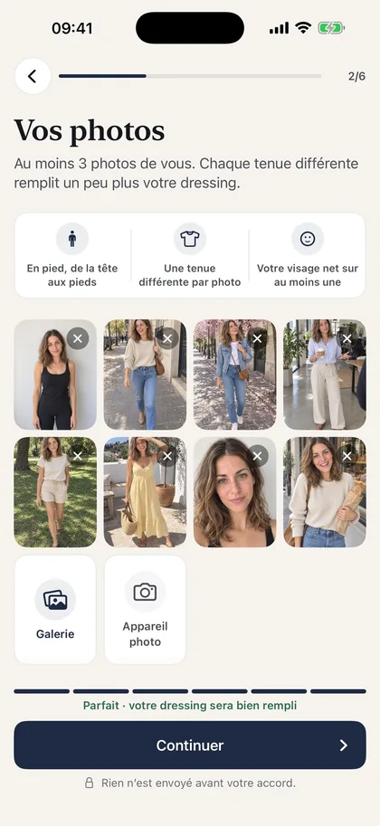 L’écran Vos photos de Vestly, pour choisir des photos de vous.