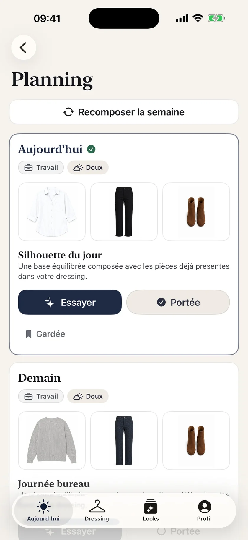Écran réel Planning : des tenues pour les prochains jours.