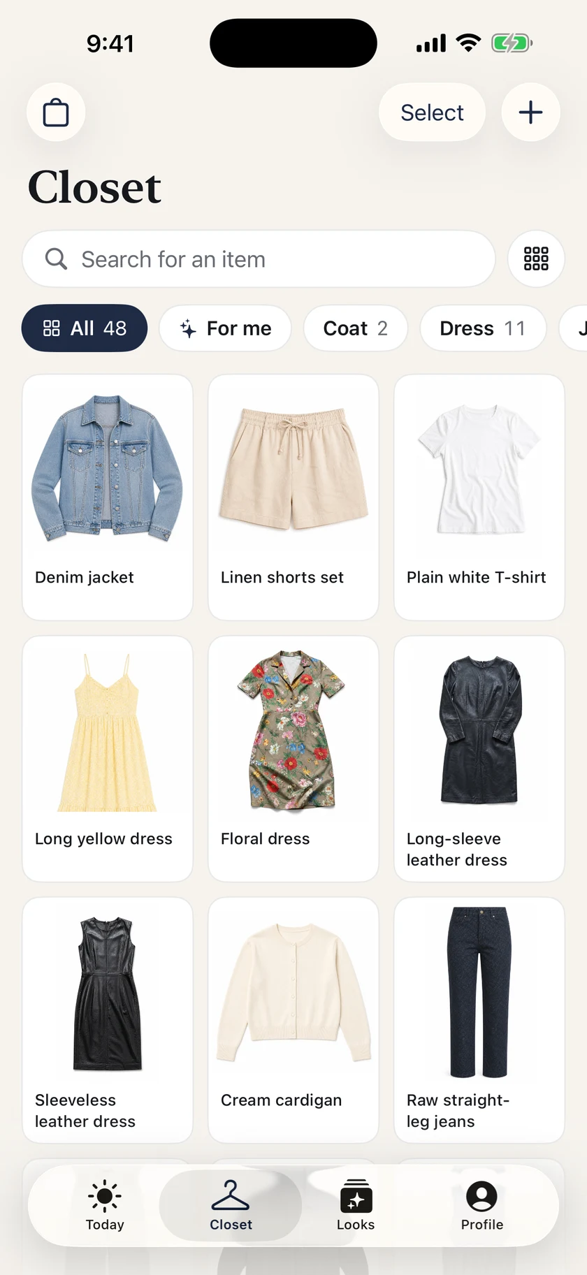 Vestly Closet screen with saved clothes