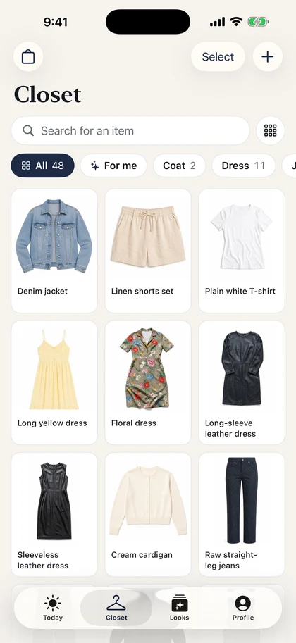 Vestly Closet screen with saved clothes