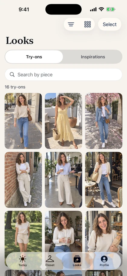 Vestly Looks screen with saved outfits