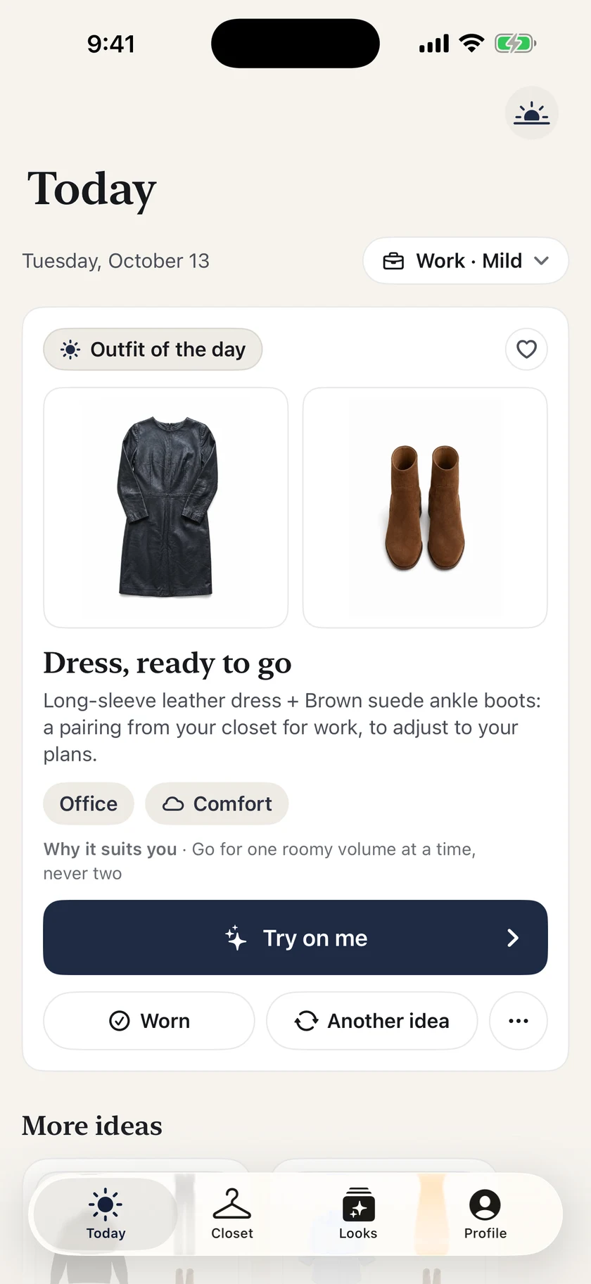 Vestly Today screen with an outfit suggestion